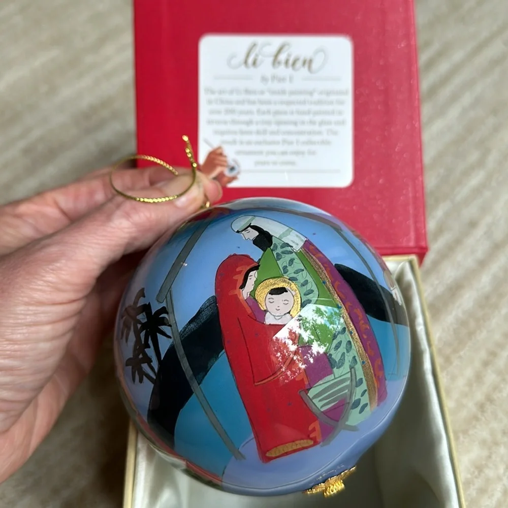 Pier 1 Hand Painted Glass Christmas Ornament Li Bien Nativity Mary Joseph Jesus